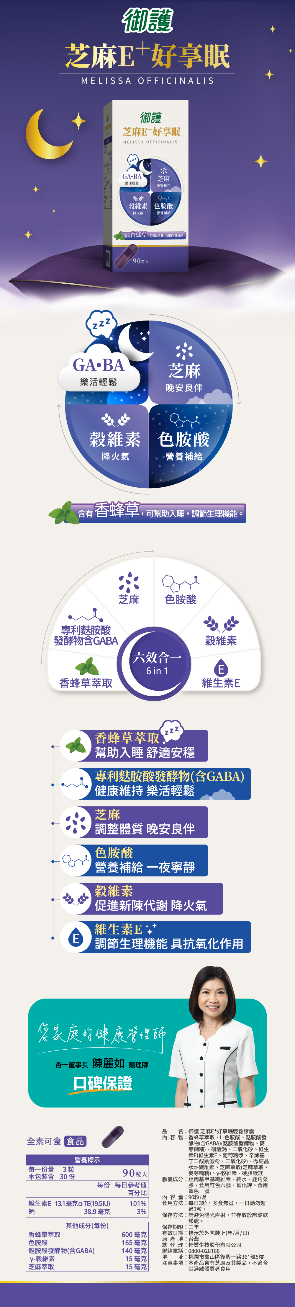 御護芝麻E 好享眠MELISSA OFFICINALIS御護芝麻E好享眠MELISSA OFFICINALISGABA樂活輕鬆GABA芝麻樂活輕鬆晚安良伴色胺酸降火氣營養補給含有香蜂草,可幫助睡,調節生理機能。90芝麻晚安良伴色胺酸降火氣營養補給含有香蜂草,可幫助入睡,調節生理機能。芝麻 色胺酸專利胺酸發酵物含GABA六效合一6 in 1香蜂草萃取維生素E香蜂草萃取幫助入睡 舒適安穩專利麩胺酸發酵物(含GABA維持 樂活輕鬆芝麻調整體質 晚安良伴色胺酸營養補給 一夜寧靜穀維素促進新陳代謝 降火氣維生素E 調節生理機能 具抗氧化作用您家庭健康杏一董事長 陳麗如 護理師口碑保證全素可食 食品營養標示每一份量 3粒包裝含 30 份90粒入每份 每日參考百分比藍色一號內容量:90粒盒維生素E13.1毫克-TE(19.5IU101%品名:御護 芝麻E+好享眠輕鬆膠囊內容物:香蜂草萃取L-色胺酸麩胺酸發酵物(含GABA)(麩胺酸發酵物、麥芽糊精)、磷酸鈣、二氧化矽、維生素E(維生素E、葡萄糖漿、辛烯基丁二酸鈉澱粉、二氧化矽)、微結晶狀a-纖維素、芝麻萃取(芝麻萃取、麥芽糊精)、穀維素、硬脂酸鎂膠囊成分:羥丙基甲基纖維素、純水、鹿角菜膠、食用紅色六號、氯化鉀、食用食用方法:每日3粒,多食無益。一日請勿超鈣38.9毫克3%過3粒。保存方法:請避免陽光直射,並存放於陰涼乾燥處。其他成分(每份)保存期限:三年香蜂草萃取600毫克有效日期:標示於外包裝上(年/月/日)原產:台灣色胺酸165毫克總代理:精贊生技股份有限公司麩胺酸發酵物(含GABA)140毫克聯絡電話:0800-028188穀維素15毫克地址:桃園市龜山區復興一路361號5樓注意事項:本產品含有芝麻及其製品,不適合芝麻萃取15毫克 其過敏體質者食用